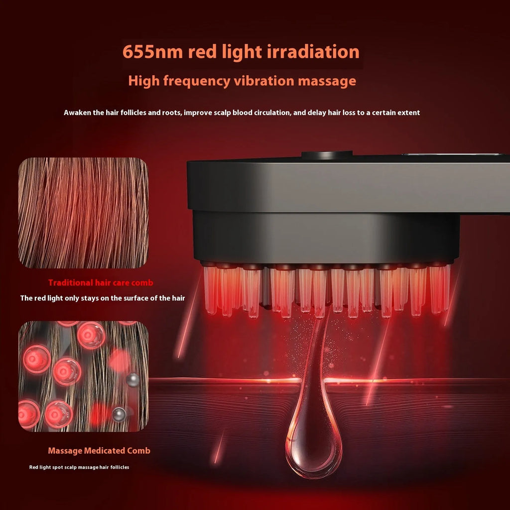 Smart massage comb with red LED lights in pink and black colour options showing compact design