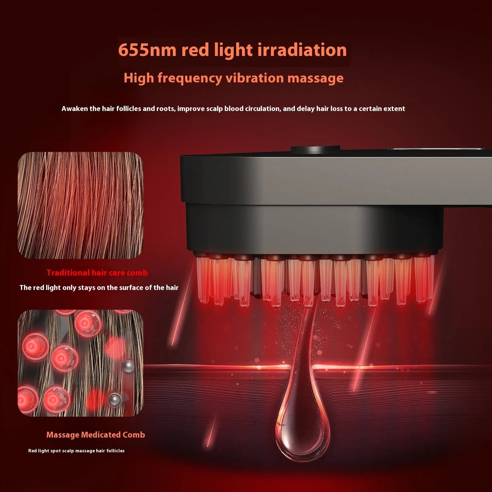 Smart massage comb with red LED lights in pink and black colour options showing compact design