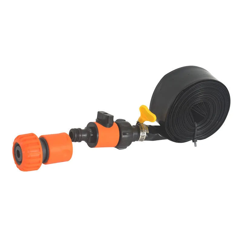 Blue or orange portable PVC garden sprinkler with hose on grass.