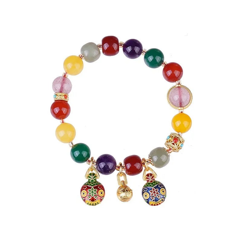 Hand-woven agate bracelet with Swallowing Gold Beast design on 10mm beads