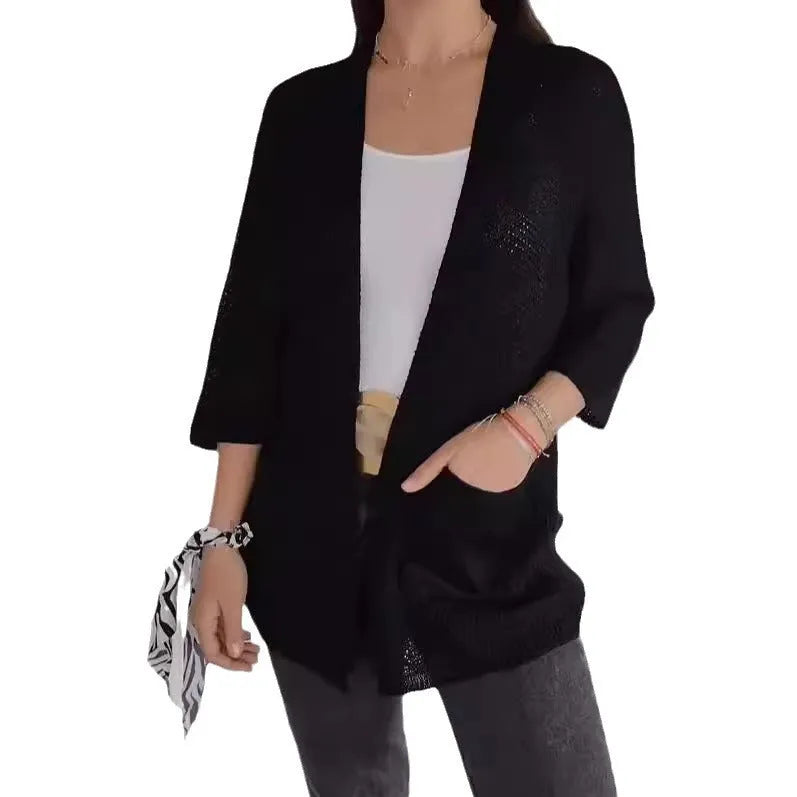 Women's waffle weave cardigan coat with nine-quarter sleeves in army green colour