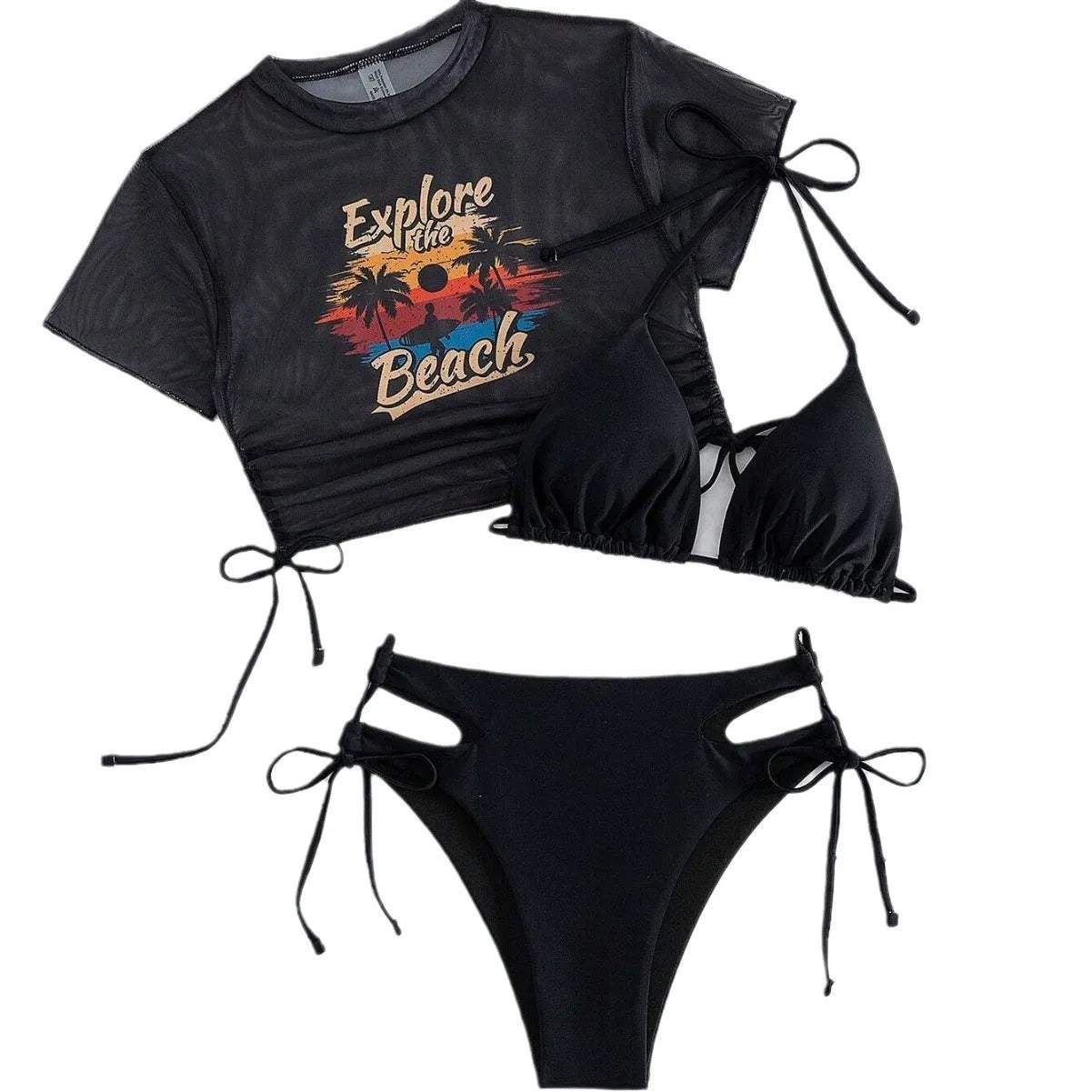 Women's three-piece bikini swimsuit set with short-sleeved top in black, white, pink, or orange red