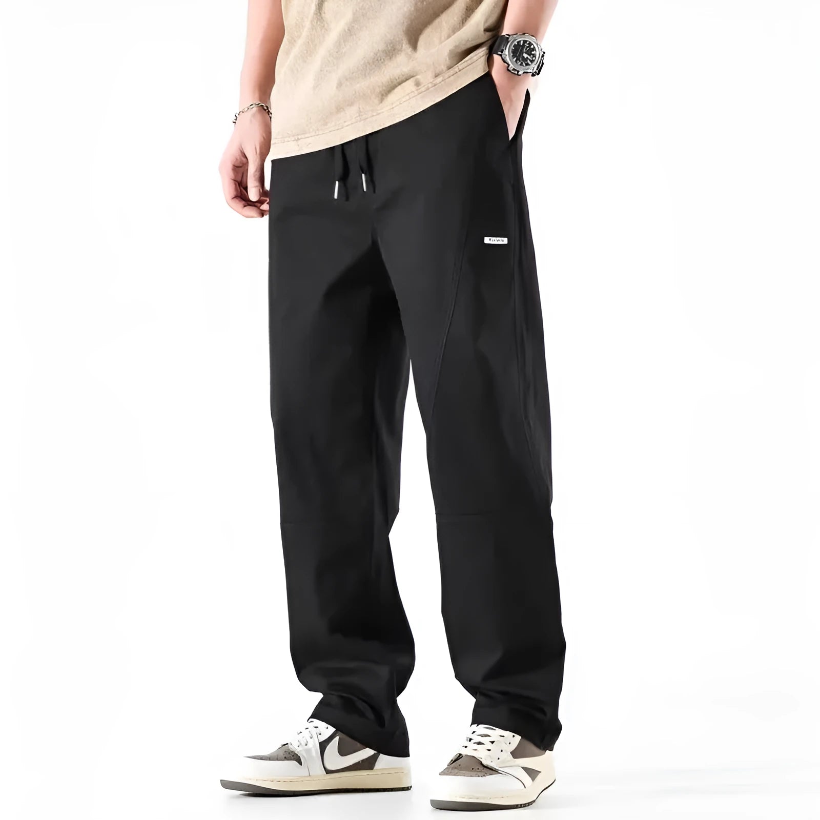 Cotton wide-leg casual trousers with elasticated waistband in black and milky white colours
