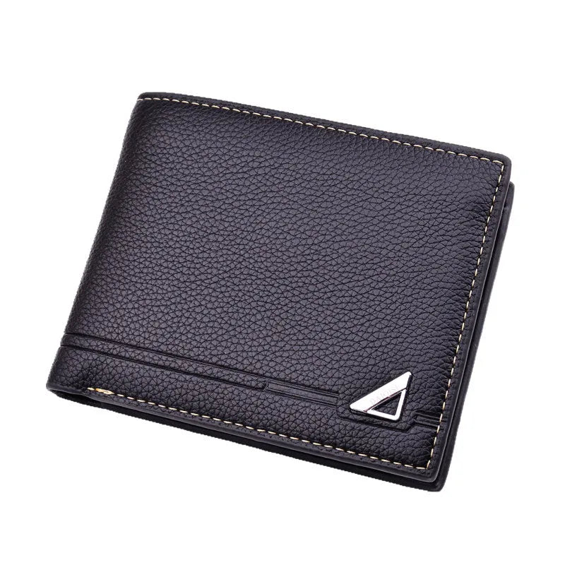 Men's short soft lychee pattern polyurethane leather wallet with multiple card slots and coin bag in black