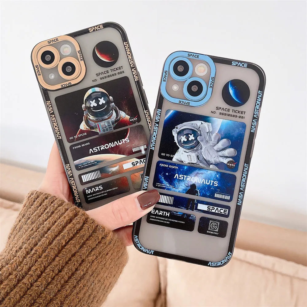 Blue and black graffiti space astronaut design on a silicone iPhone case for iPhone 13.