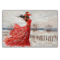 Hand-painted oil painting on canvas of a girl in a red dress, seaside abstract people design, rolled and unframed wall art.