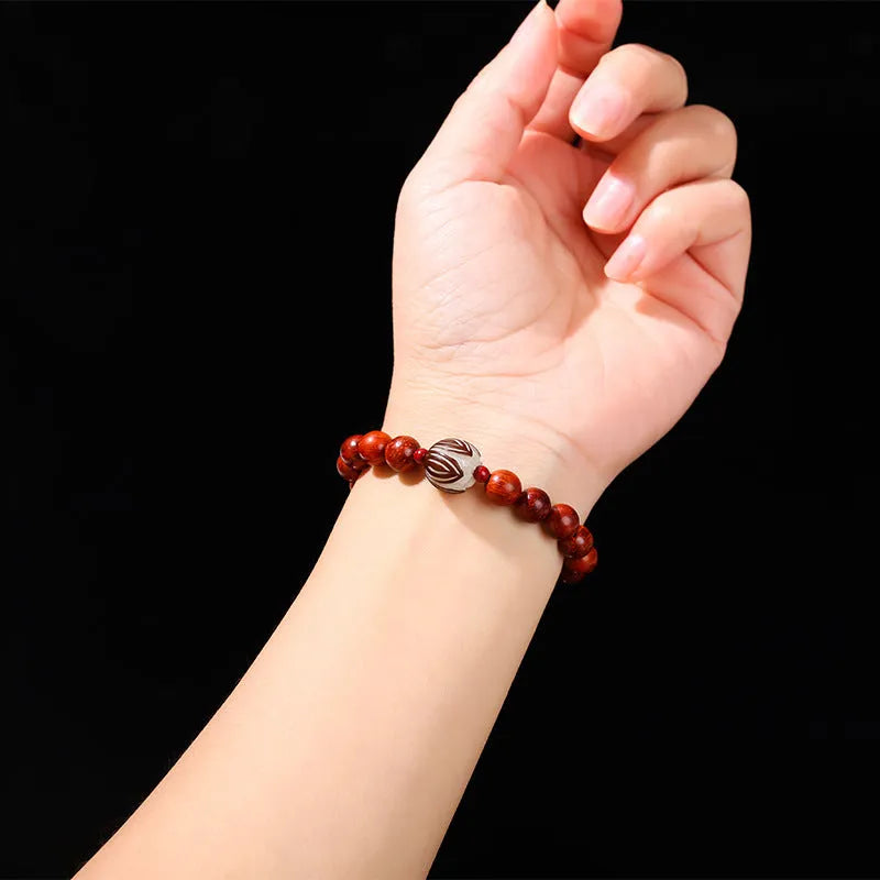 Red Rosewood and grey jade bead bracelet with Bodhi Lotus design, Chinese style for women.