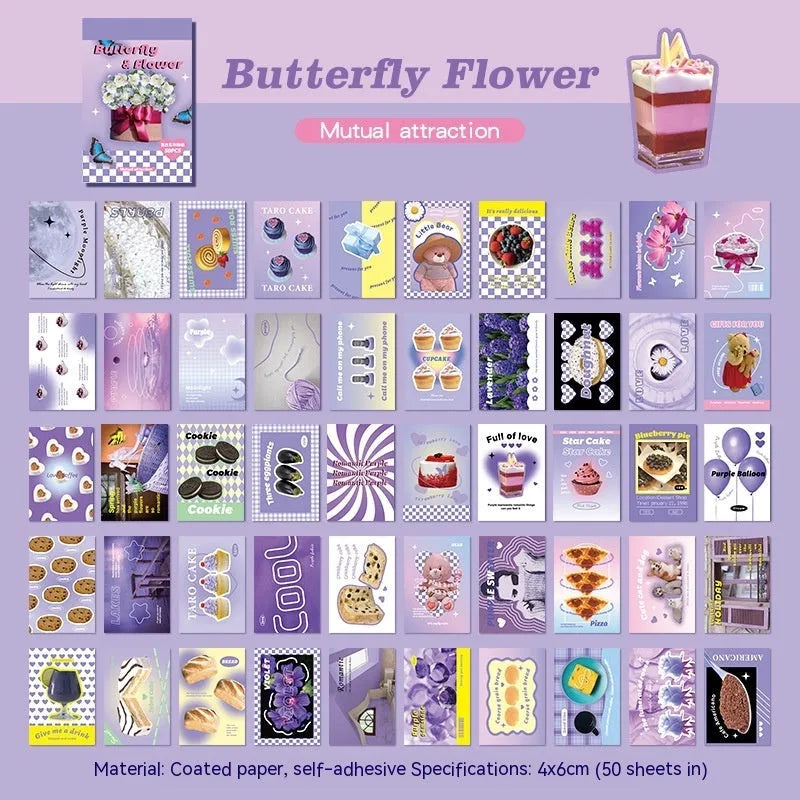 American retro cartoon style sticker book open to show 4x6cm sheets in one of six colour options.