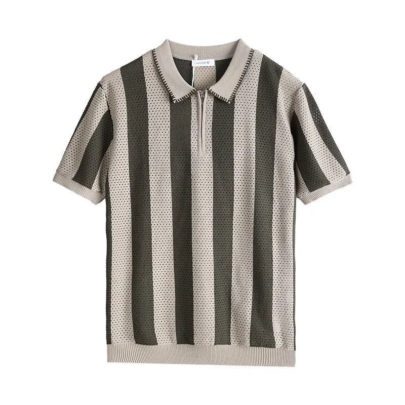 Man wearing a striped short-sleeved ice silk sweater with a decorative zip detail in sapphire blue.