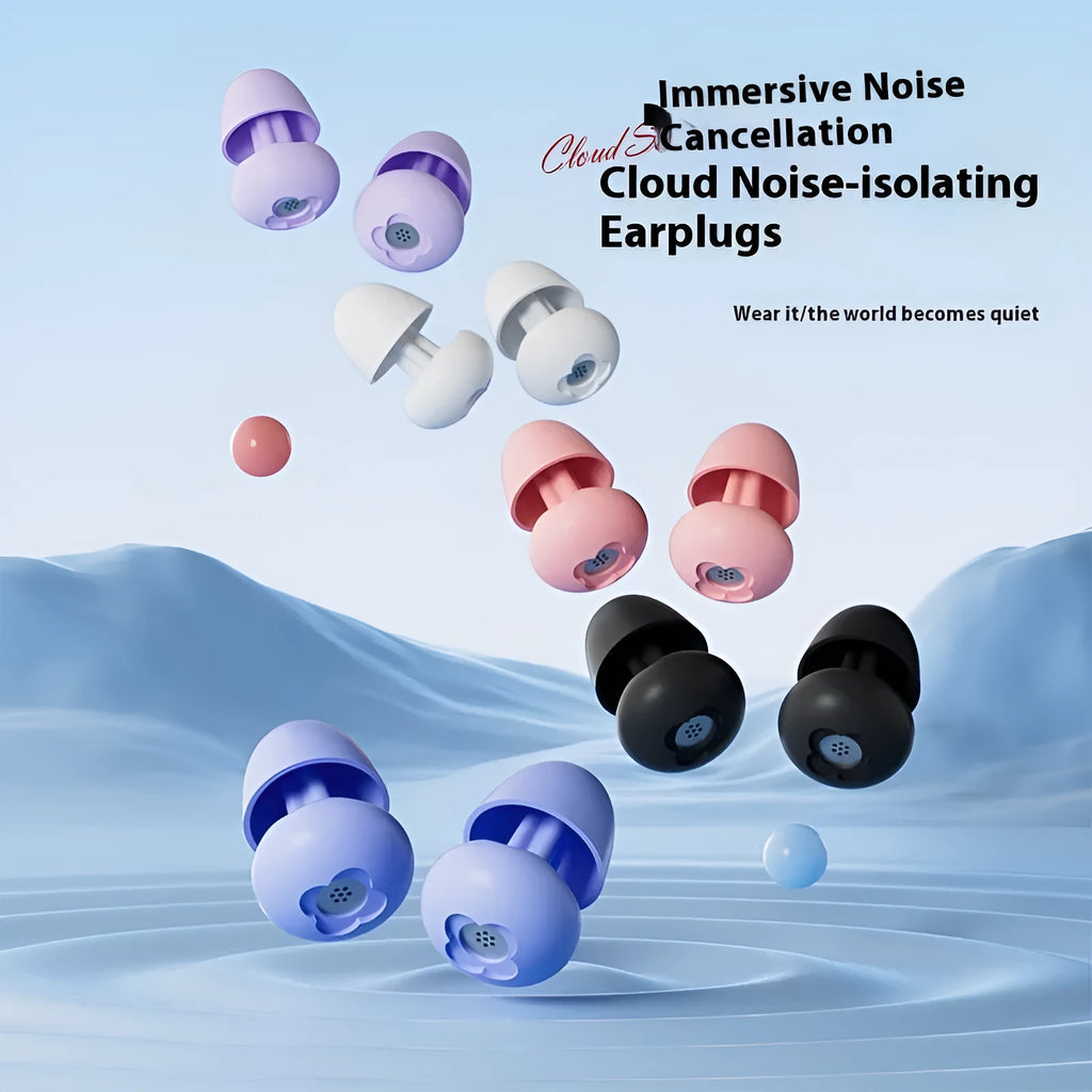 Silicone earplugs in assorted solid colours including purple, grey, white, black and blue
