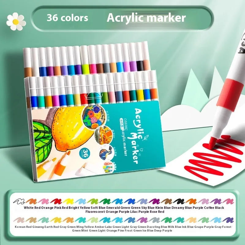 Boxed set of multicolour acrylic marker pens for student painting projects with plastic barrels