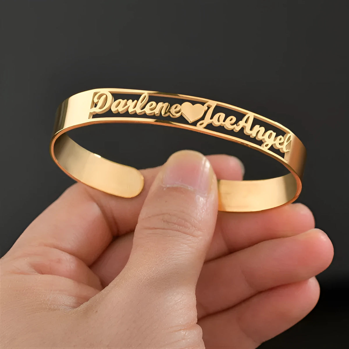 Customized name bracelet in stainless steel with silver, gold, or rose gold finish and 3mm, 6mm, or 10mm size options.