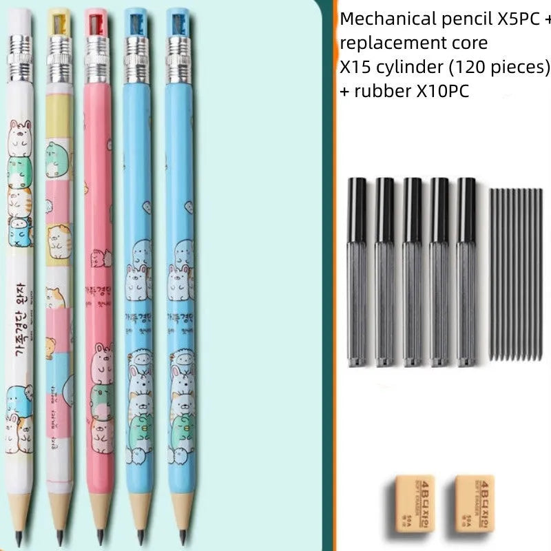Cartoon-style plastic mechanical pencil for children with 2.0 mm thick lead, shown with spare lead cylinders.