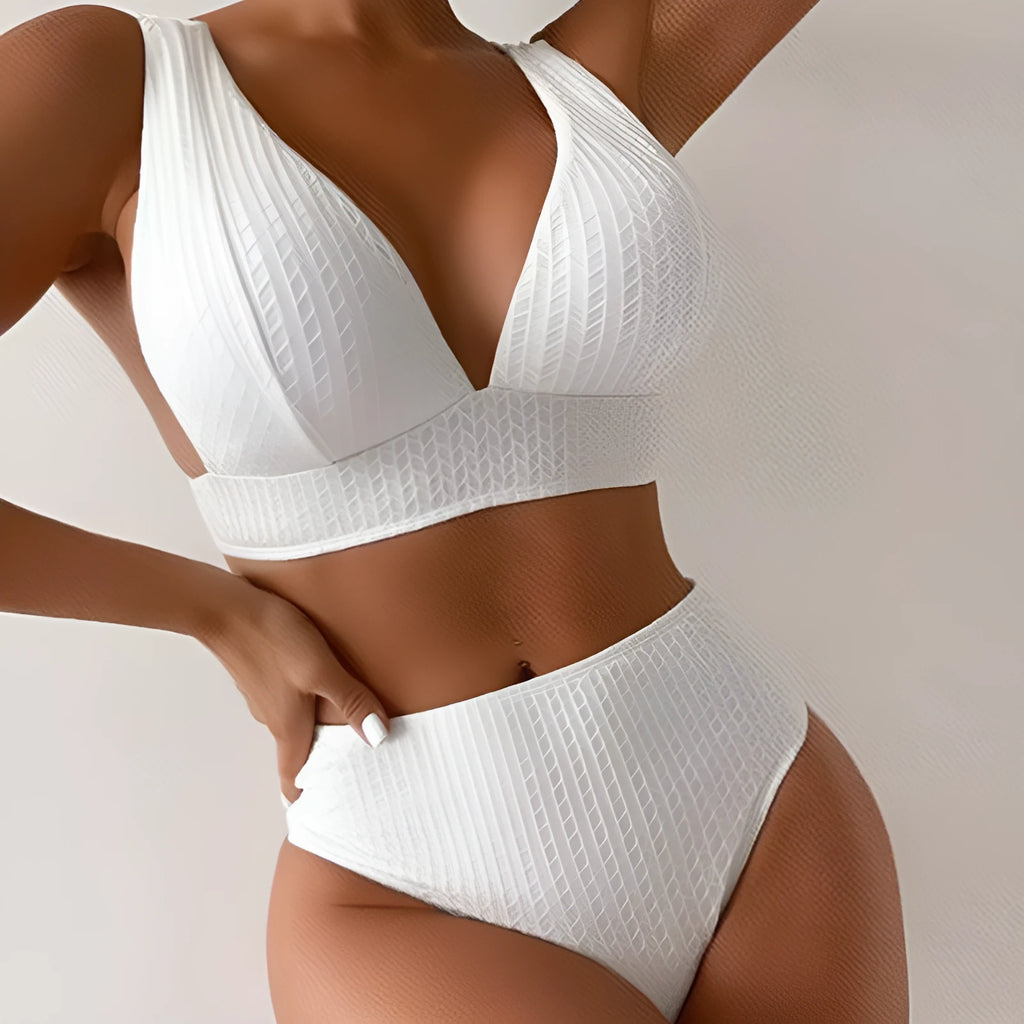 White solid colour backless bikini swimsuit for women on beach