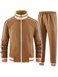 Khaki coloured turtleneck zip cardigan and matching trousers street style tracksuit laid flat.