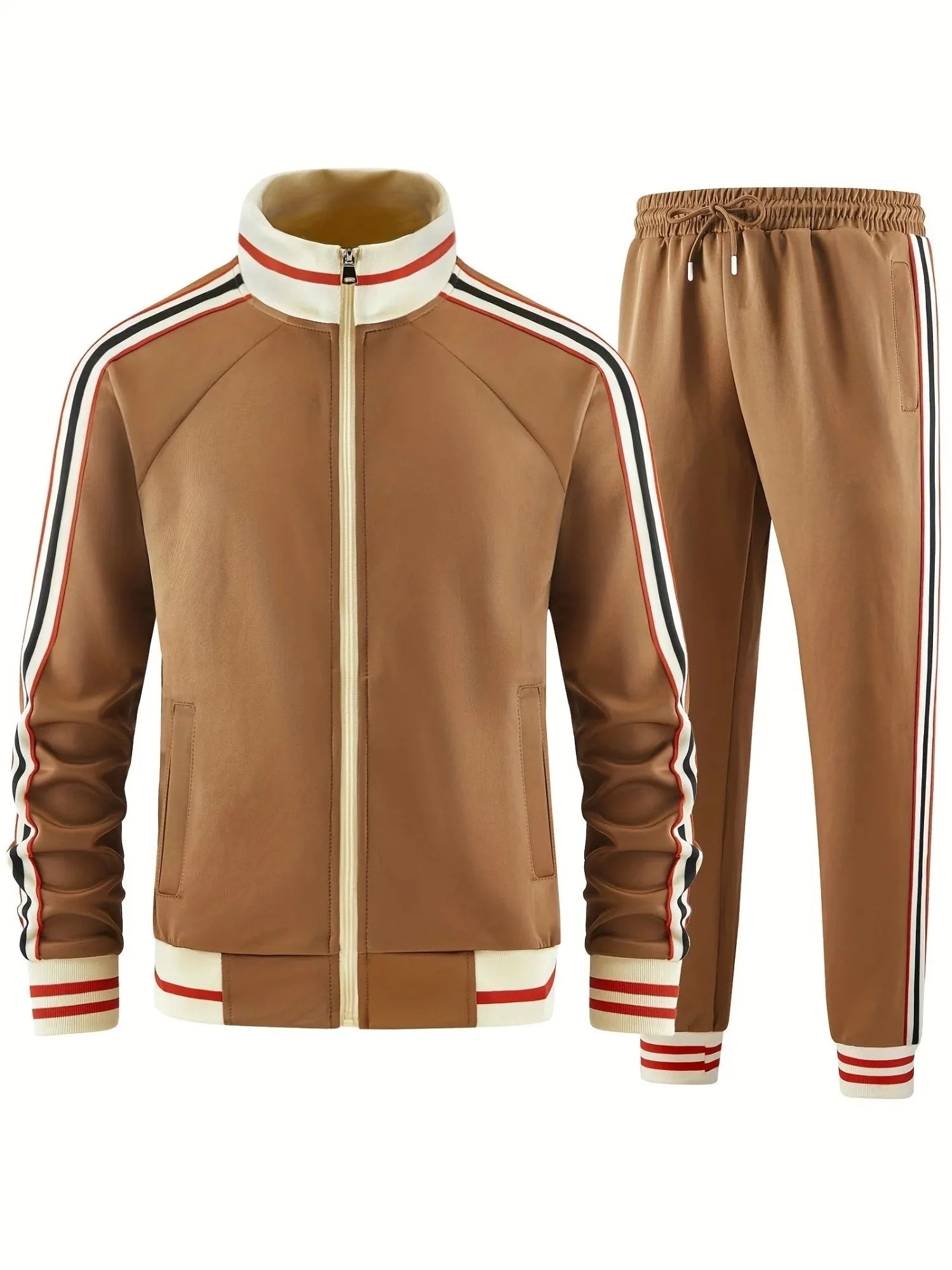 Khaki coloured turtleneck zip cardigan and matching trousers street style tracksuit laid flat.