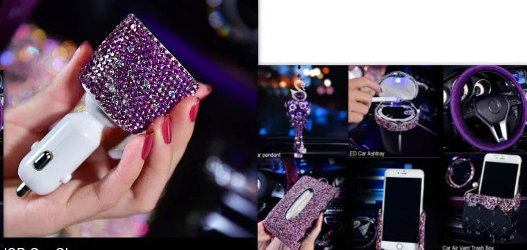 Round crystal diamond car aromatherapy pendant in purple swan style hanging from rearview mirror