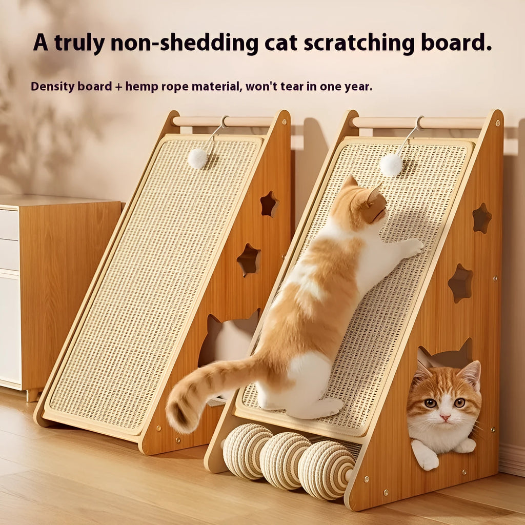 Vertical wall-mounted cat scratch board with sisal surface, teasing ball, and hemp rope.