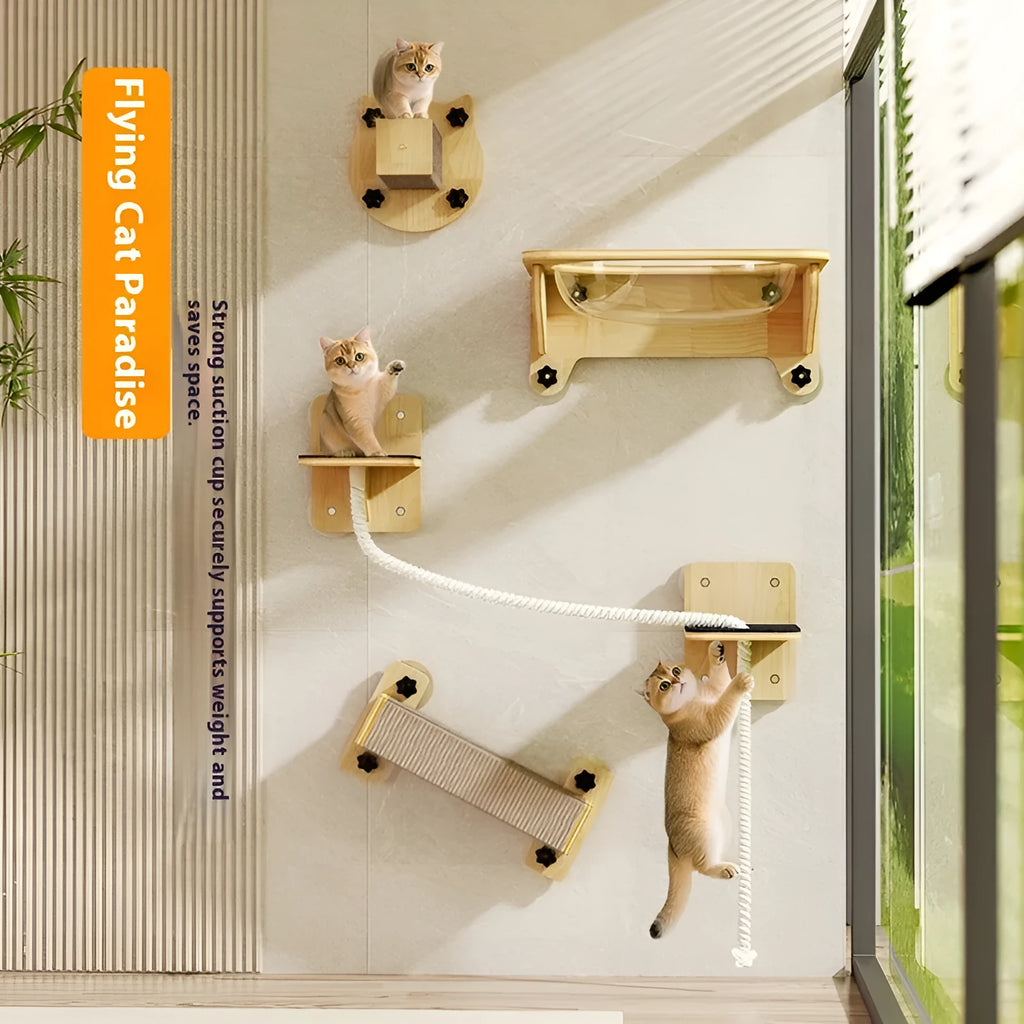 Modular grey cat scratching frame with sisal posts, a suspended fabric capsule, and a natural hemp hanging rope.