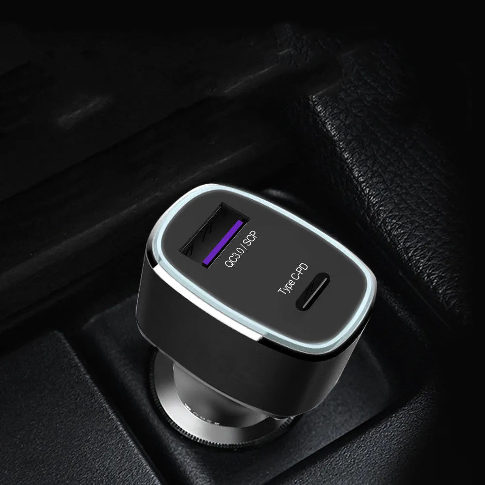 Dual USB and Type C car fast charger with QC 3.0 and PD support in black or grey
