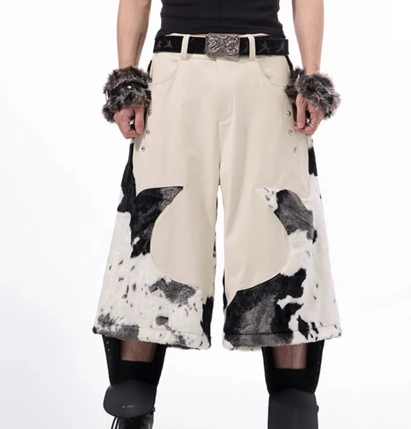 Milk fibre cropped trousers with stitching detail and fur trim in youthful trendy style