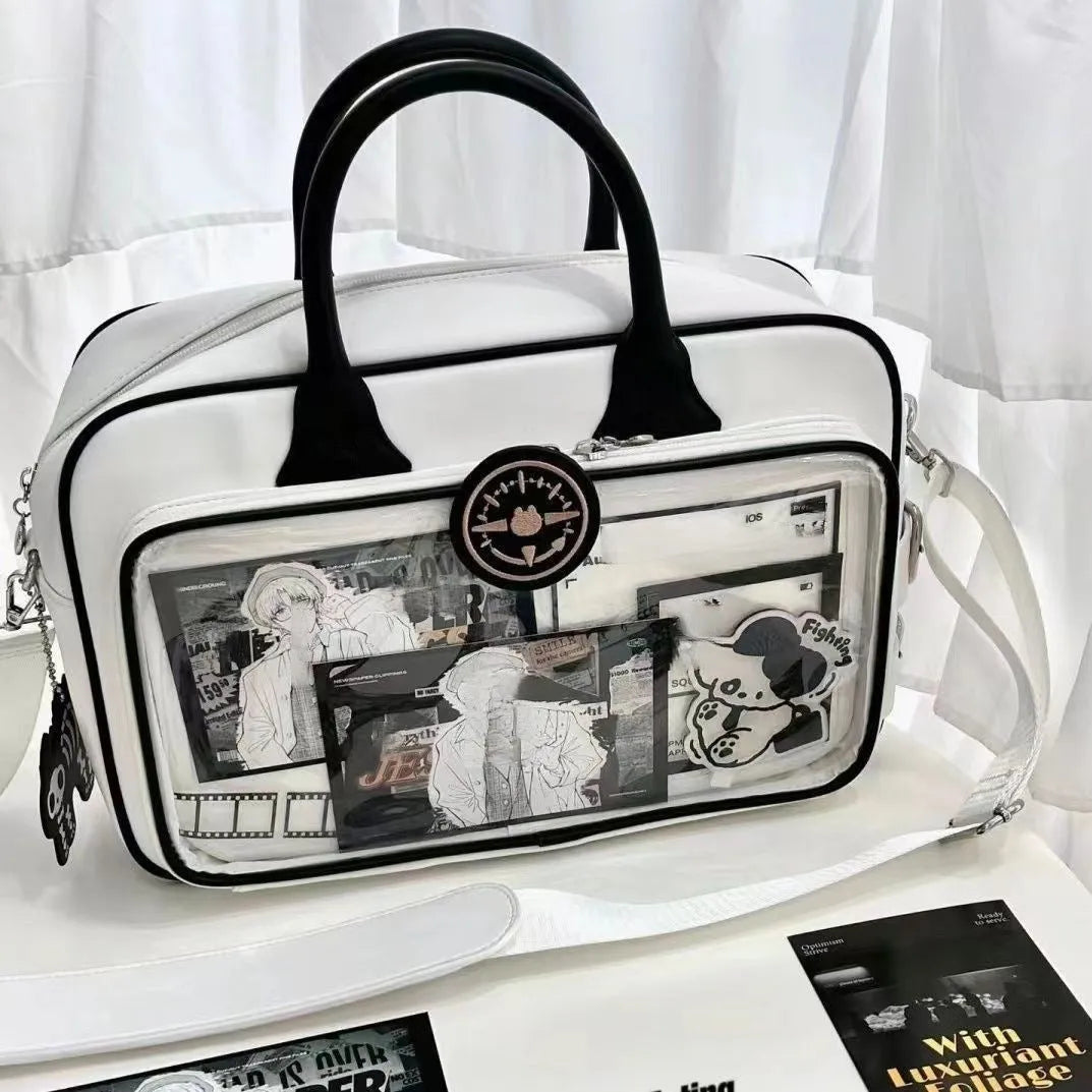 One-shoulder PU crossbody bag 42x24cm in white or black with zipper change bag
