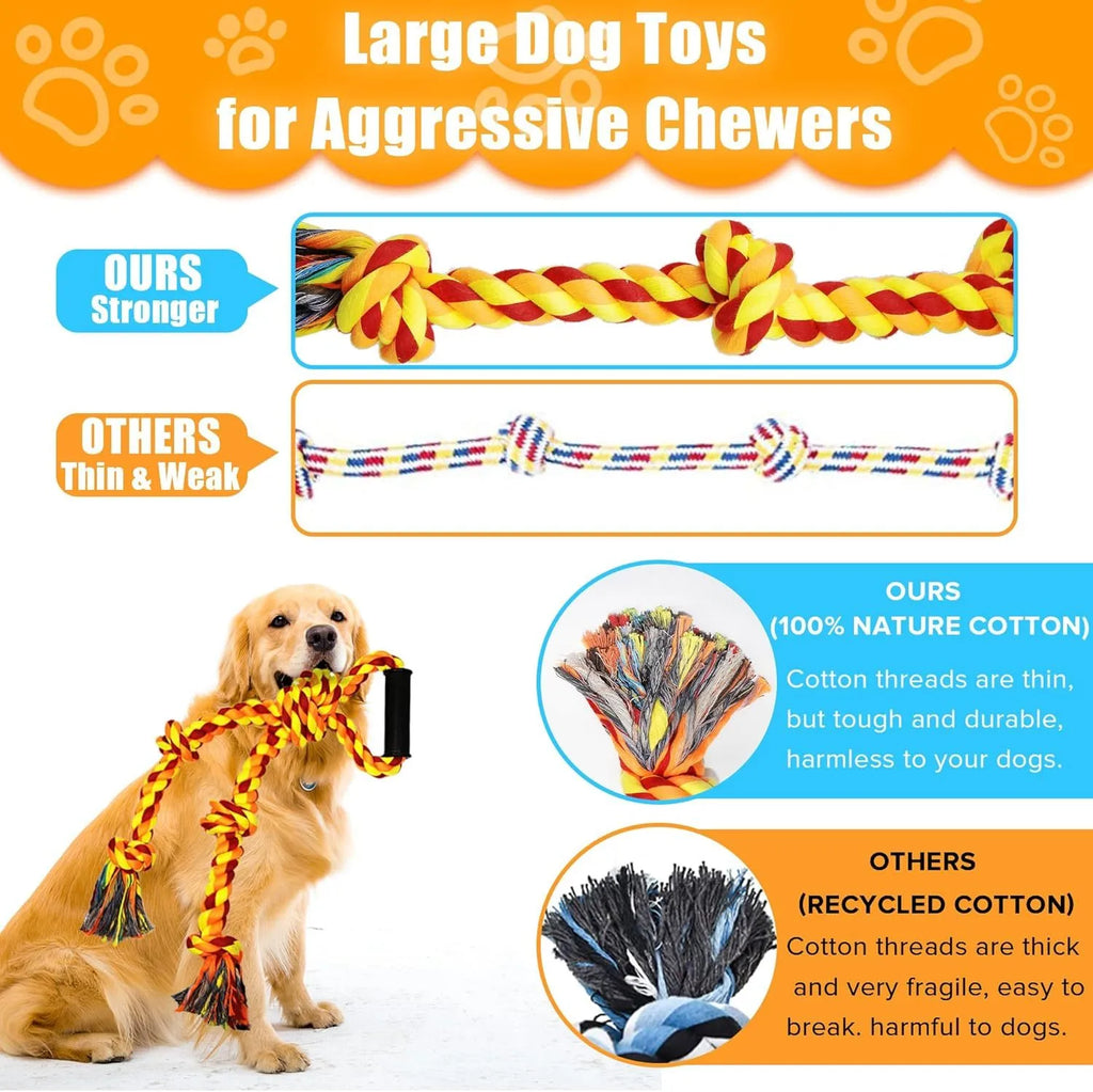Blue and yellow cotton rope dog tug toy with a handle, shown next to a large breed dog.