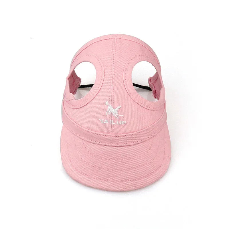 Canvas pet baseball cap for dogs and cats with adjustable buckle and Velcro, available in black, blue, pink and red, sizes S to XL.