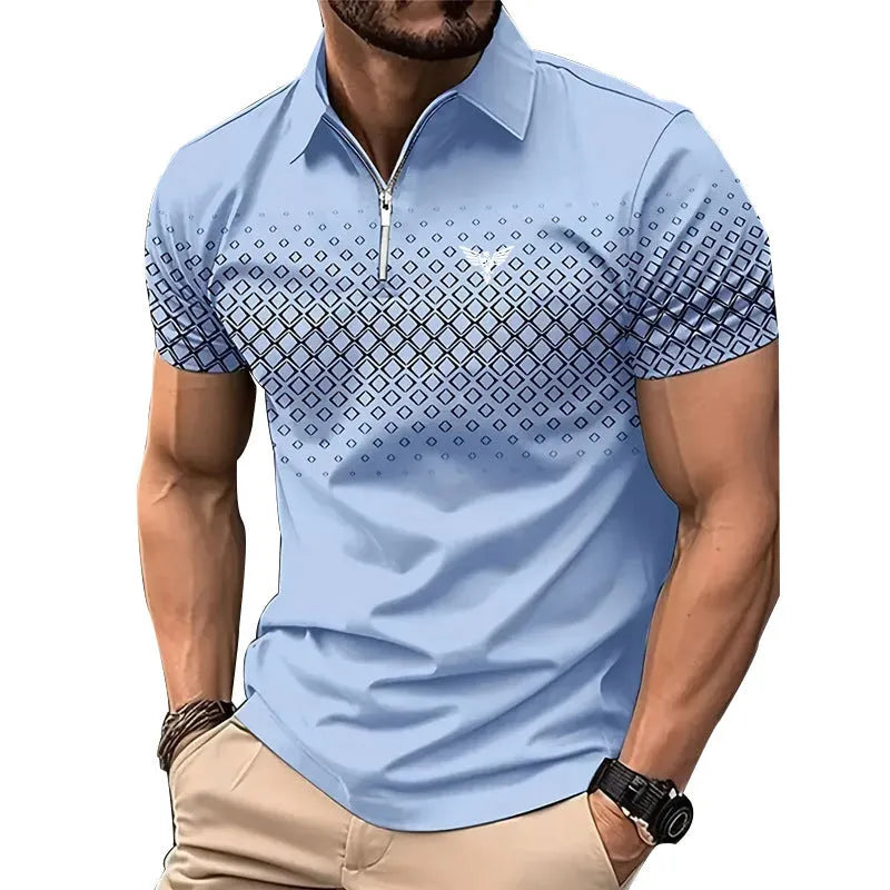 Men's striped rabbit fur sports short sleeve top with zipper decorations, loose fit, summer casual wear