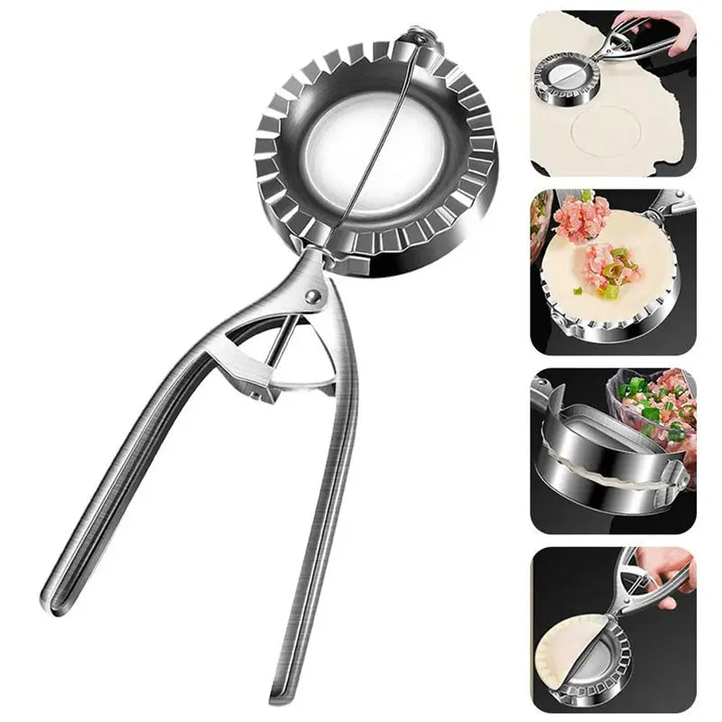 Silver stainless steel manual dumpling press tool on kitchen work surface