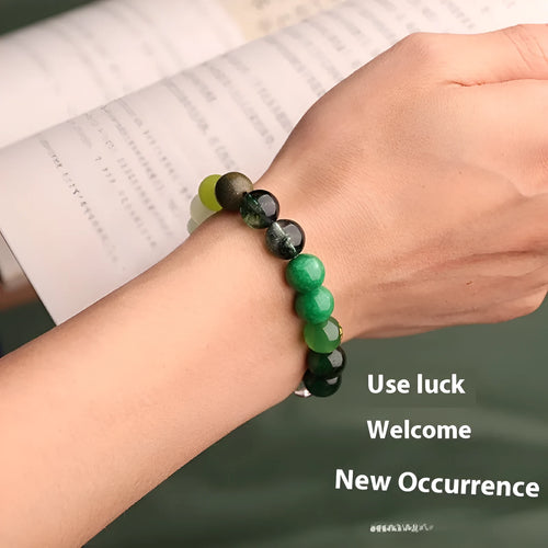 Green agate balance energy bracelet with natural crystal beads in five elemental colours