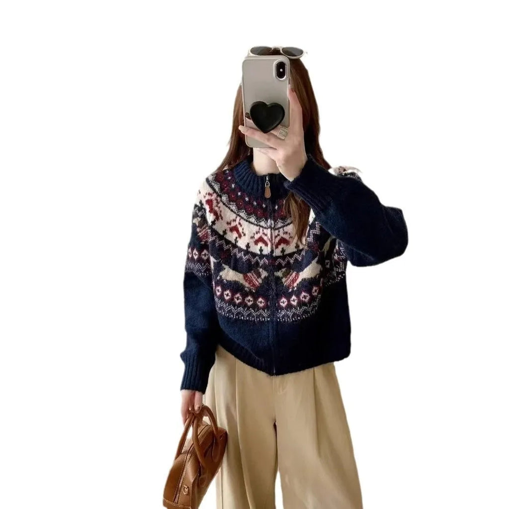 Ethnic jacquard pullover sweater with 3D pattern in apricot colour, loose fit.