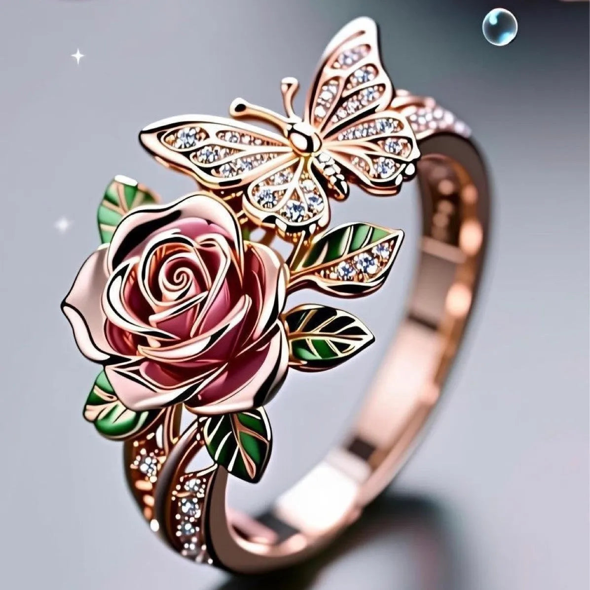 Close-up of an adjustable alloy ring with a colourful oil-drip finish, showing detailed butterfly and floral modelling.