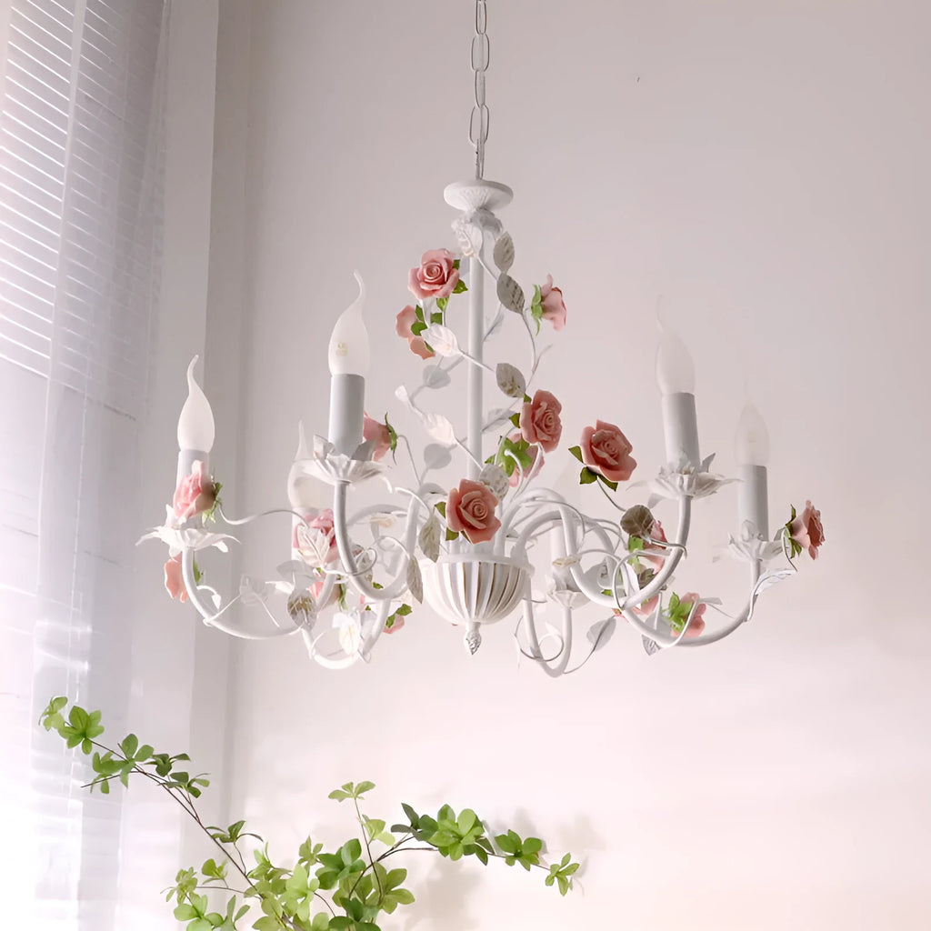 Wrought iron chandelier with flower and plant detailing, 3 6 or 8 heads, 220V, French pastoral style