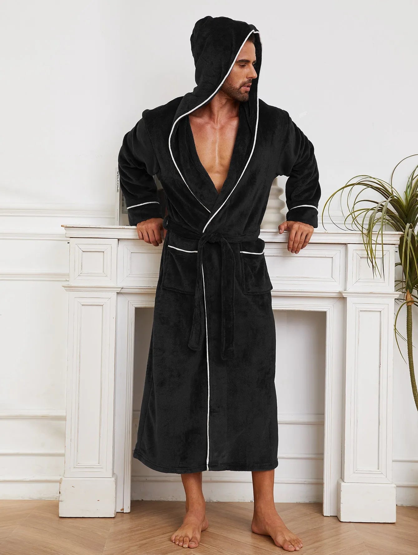Men's grey polyester flannel bathrobe in European style, shown on a hanger.