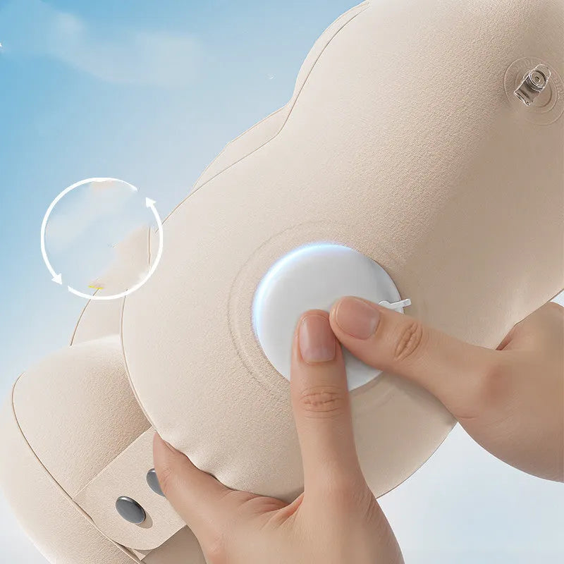 Inflatable U-shaped travel neck pillow in cloud bubble colour, shown deflated and packed.