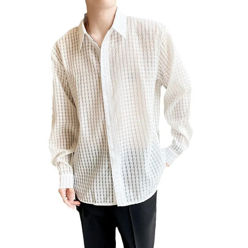 Loose draping inner white plaid shirt, chemical fibre blend cardigan style, sizes M-XXXL, for teenagers