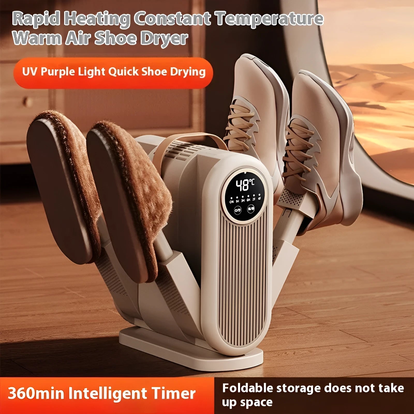 Portable foldable shoe dryer with timer, 180W, compatible with UK EU US CN plugs