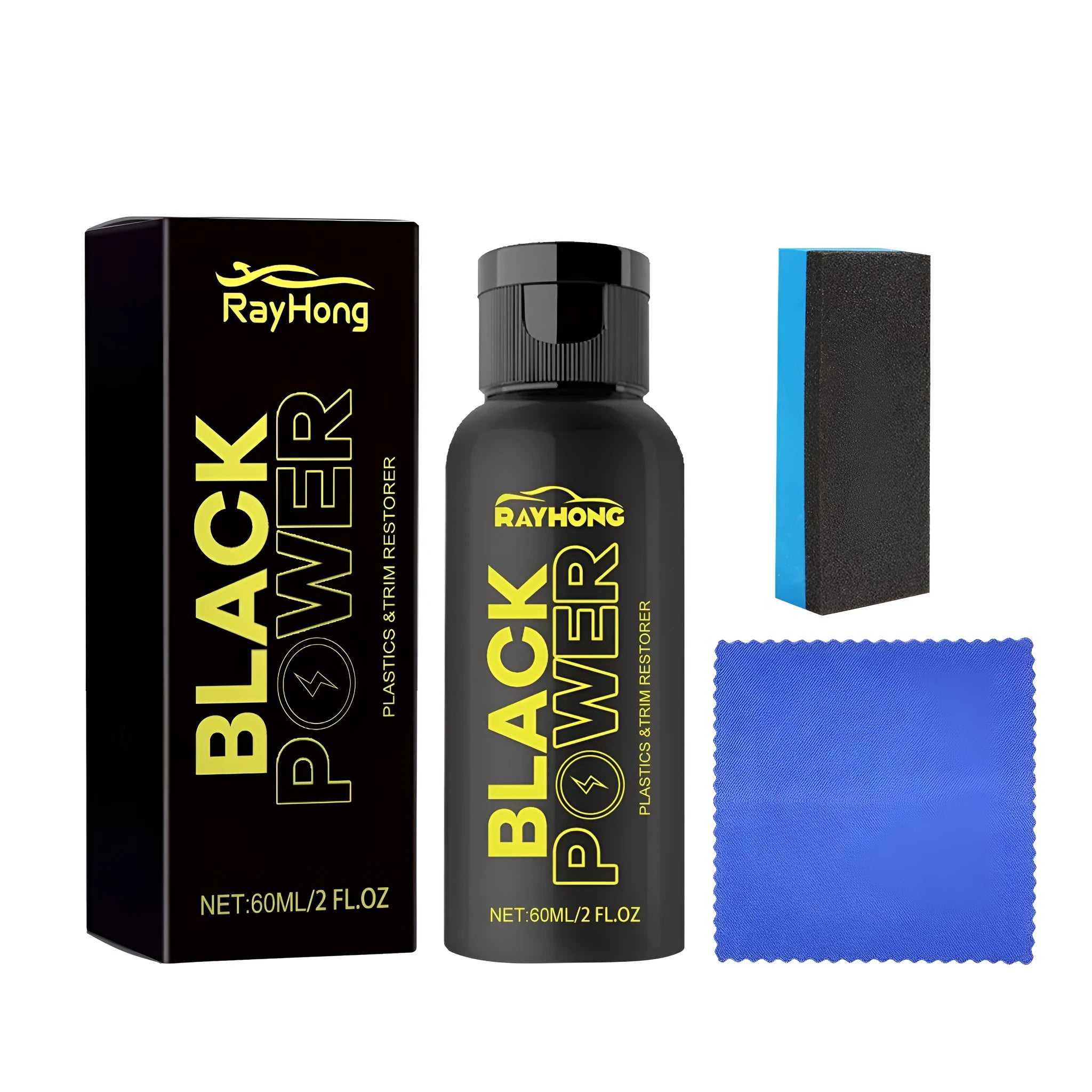 Automotive plastic refurbishment agent set with 60ml bottle, application sponge, and buffing cloth
