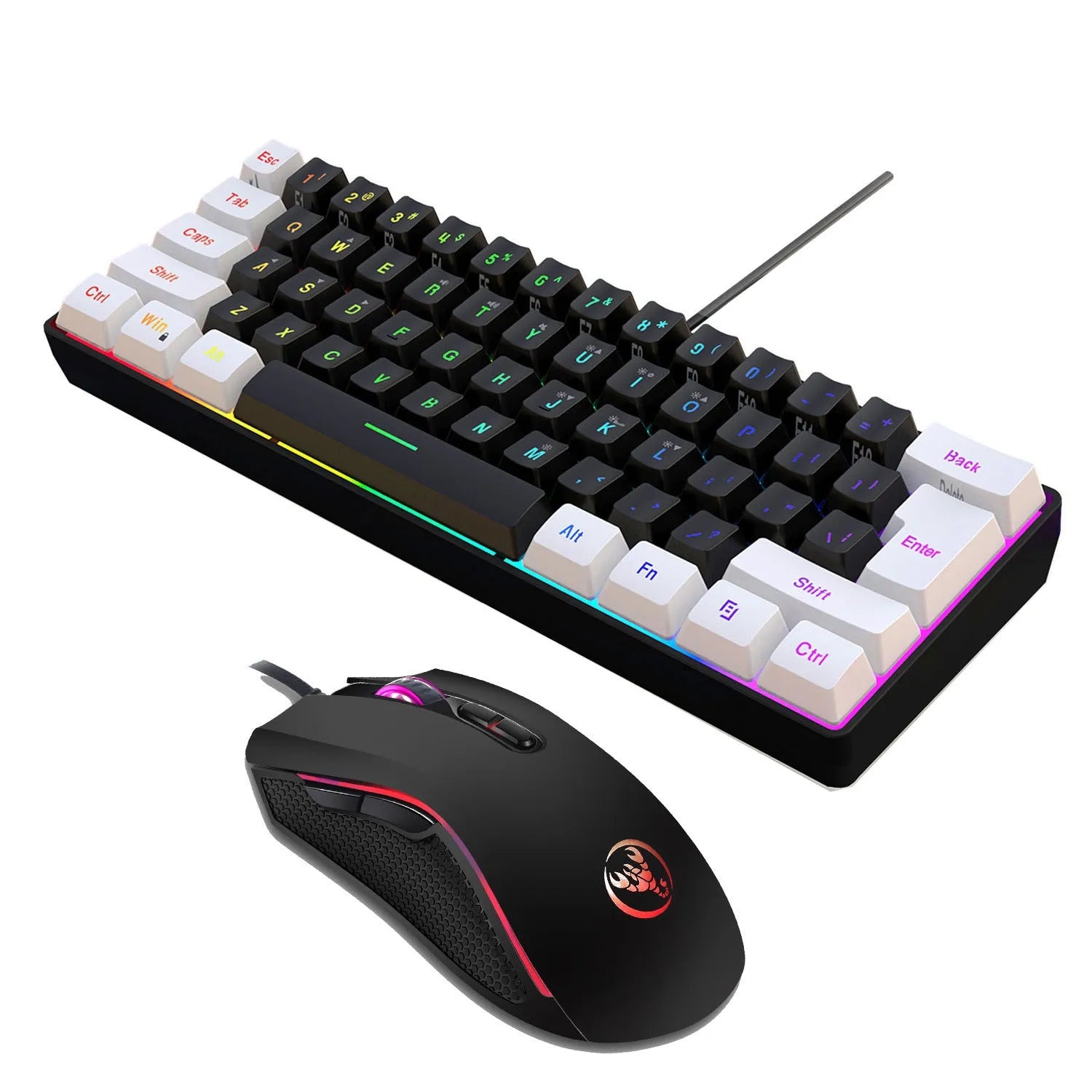 White and black mixed colour gaming keyboard and mouse combo with backlight on desk