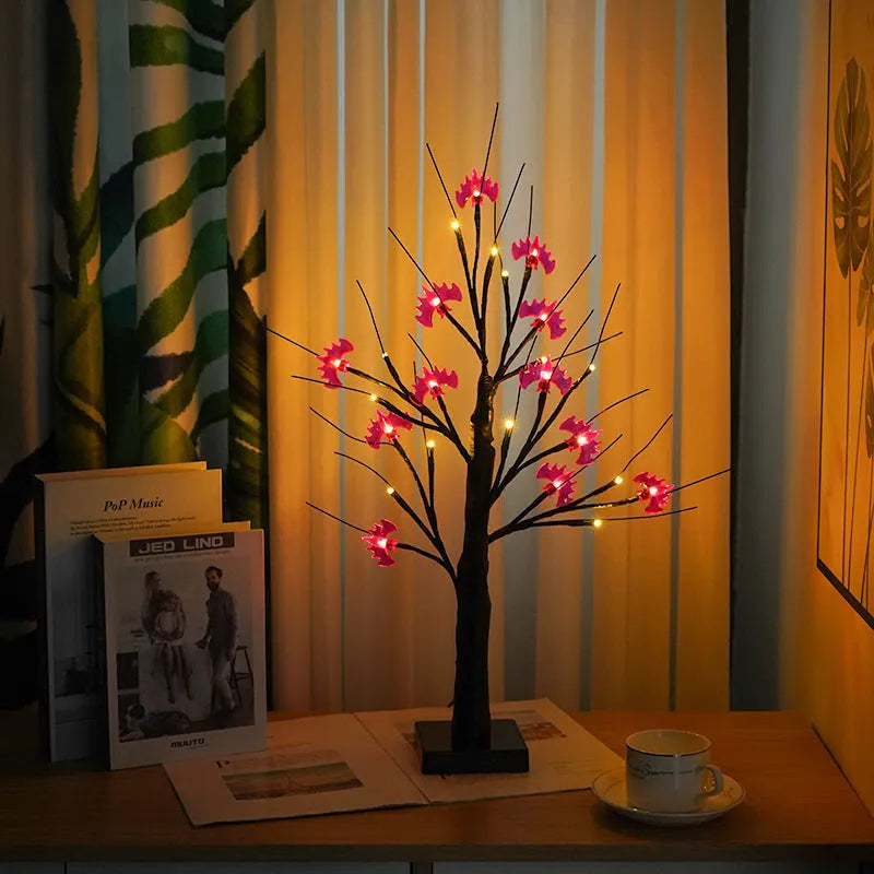 60cm tall LED white birch tree night light with battery and USB power on a tabletop