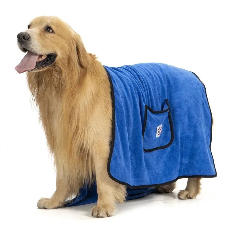 Dog bath towel with glove pocket in blue, brown, gray, green or pink, sizes L 130x70cm and M 100x50cm