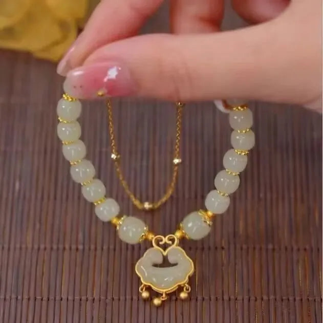 Women's green safety lock bell pendant bracelet with electroplated mixed materials
