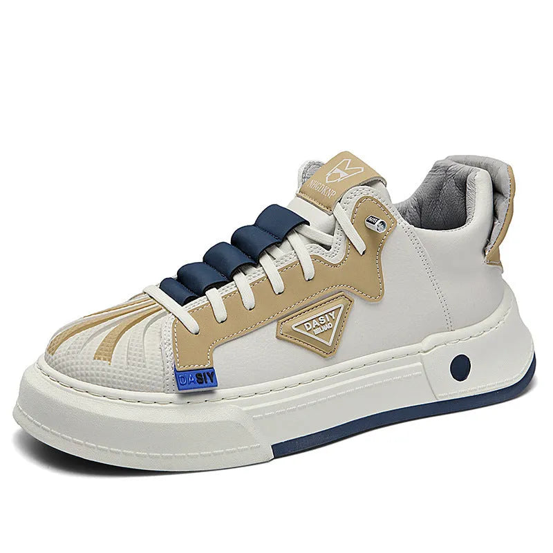 Men's beige and black low-top casual sneakers with an elastic band and round toe.