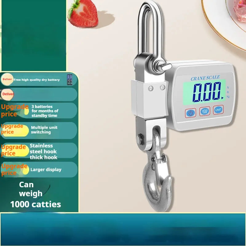 Electronic hook scale digital display with 500kg capacity in blue, orange and white colour options