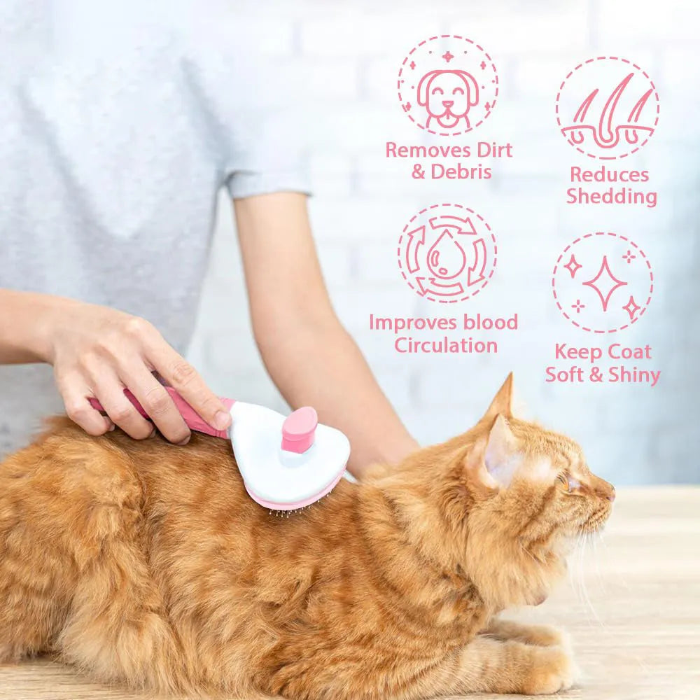 Blue cat grooming brush with a release button for removing loose fur and tangles.