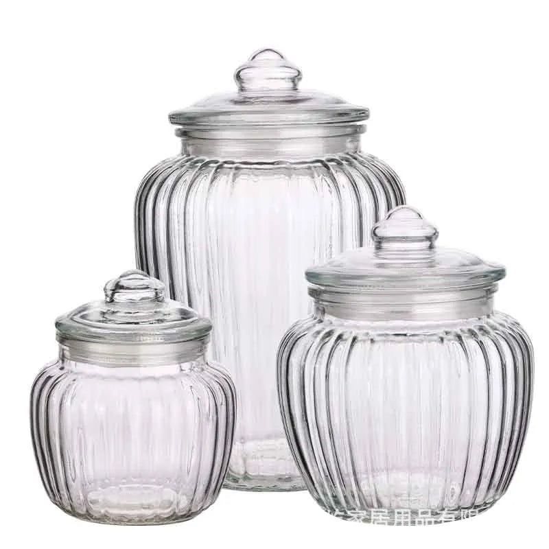 Large capacity thickened glass sealed can with lid, 1300ml vertical pattern, clear lead-free glass