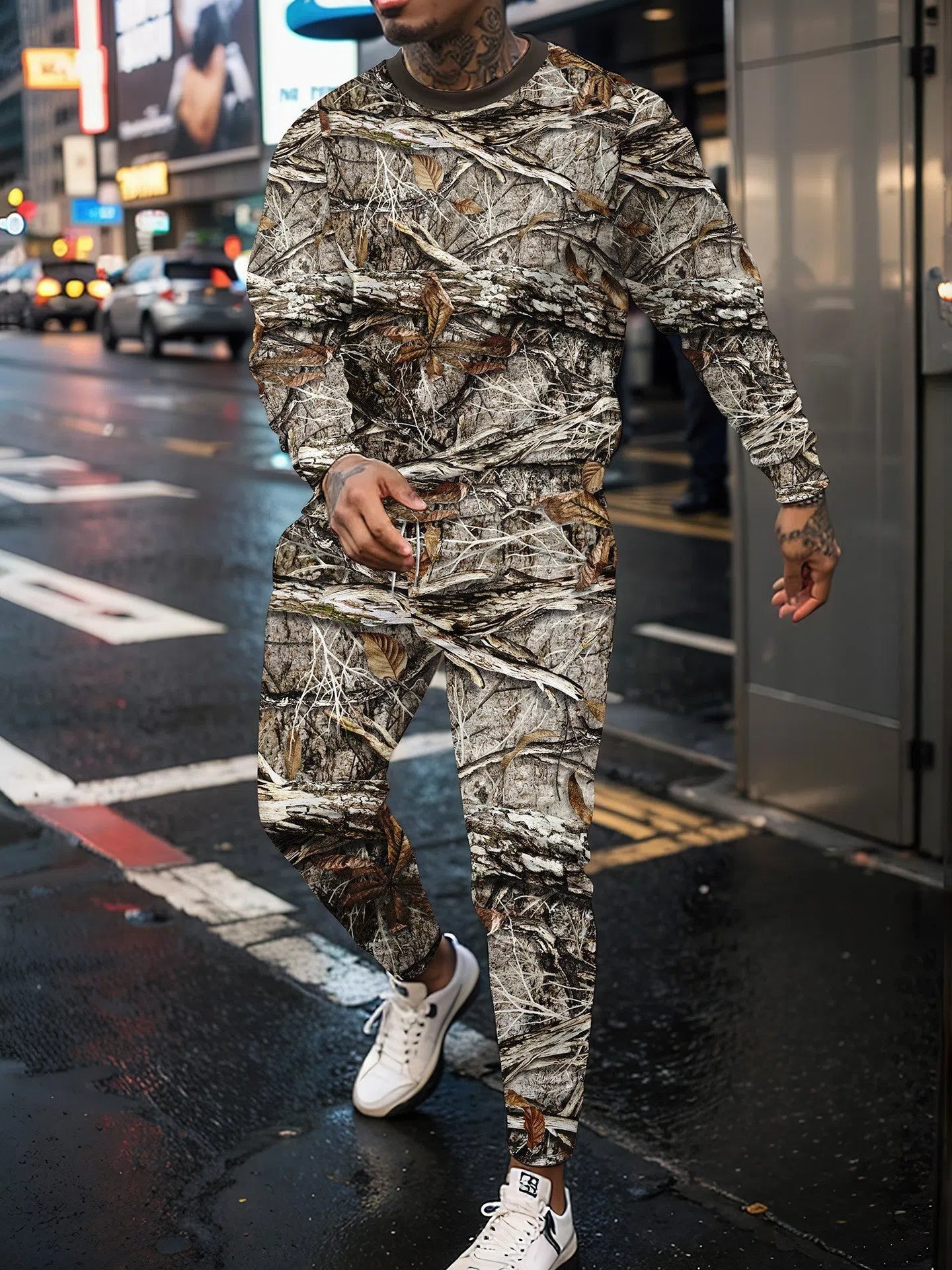 Men's round neck jungle camouflage long sleeve top and trousers sportswear set on model