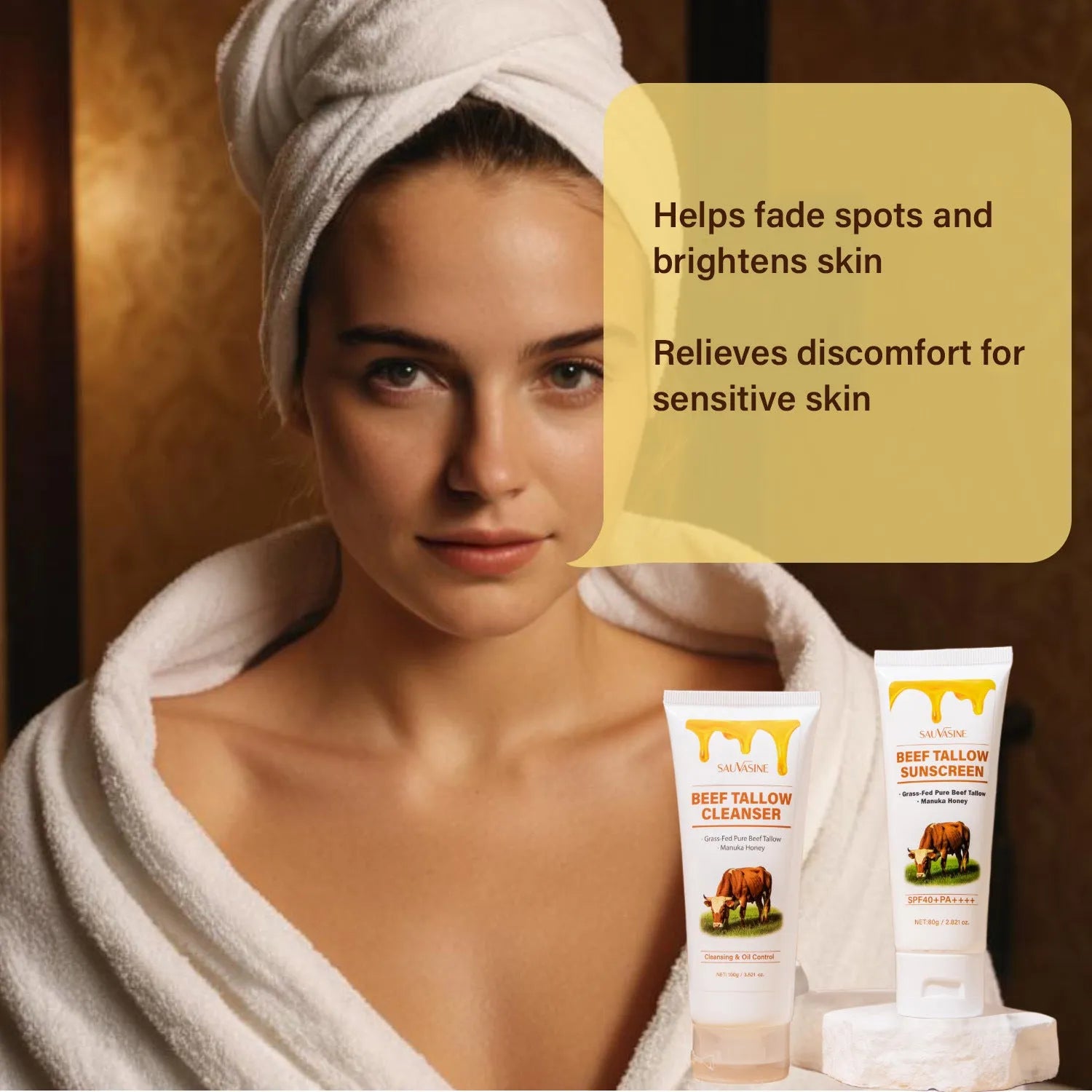 Butter Honey seven-piece skincare set featuring facial cleanser, face cream, lipstick, lotion, scrub, and beef tallow.