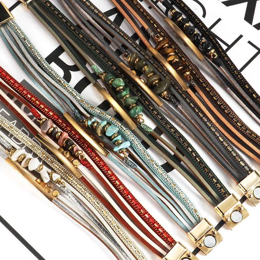 Boho copper tube bracelet with natural stone and magnetic snap on leather band, seven colour options